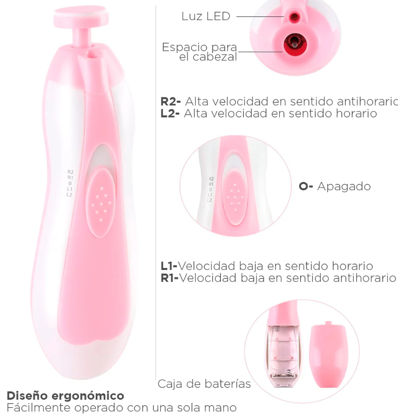 Kit cortaúñas eléctrico, lima eléctrica para bebés con cabezales intercambiables y velocidad ajustable